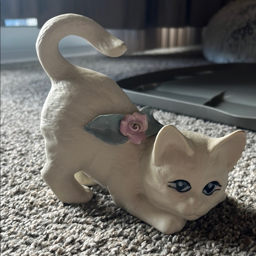 Ceramic Cat Figurine with Pink Rose
